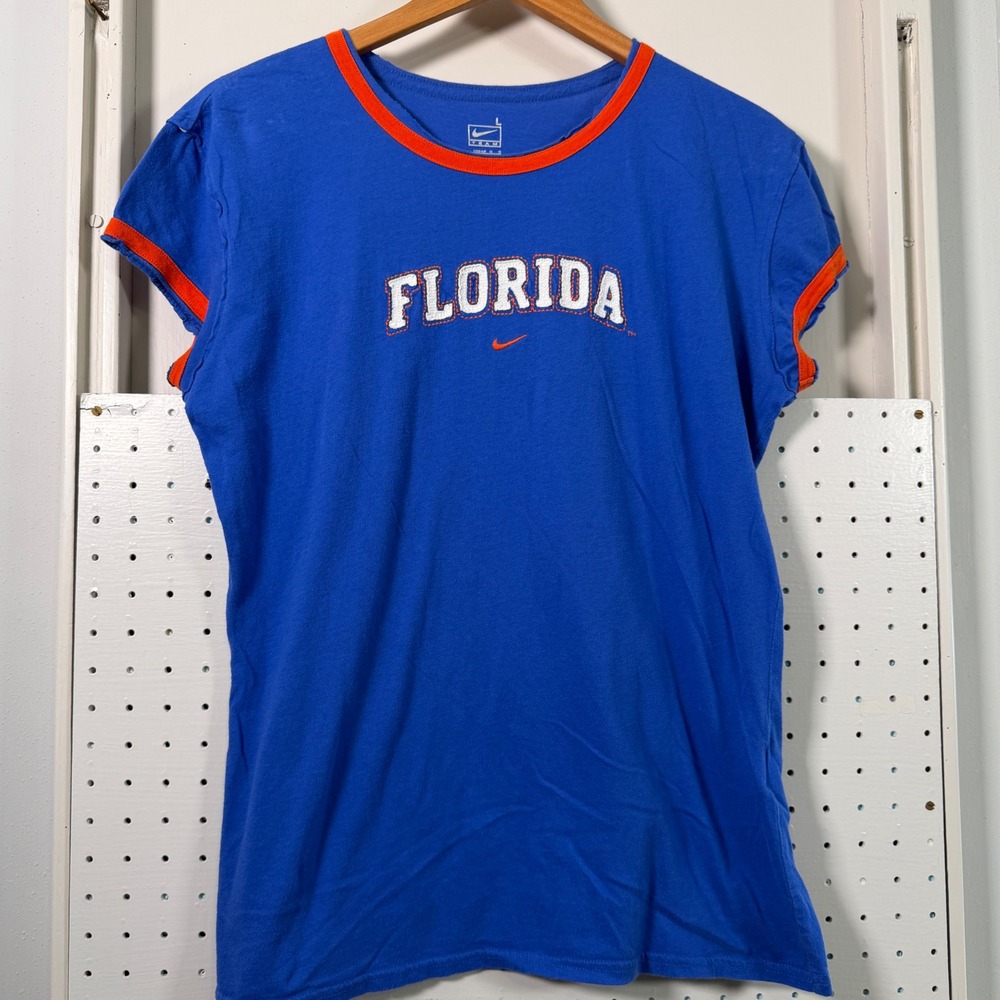 Nike Team Florida Gators Ringer T-Shirt Blue Orange Spellout Women Large L - Picture 1 of 9